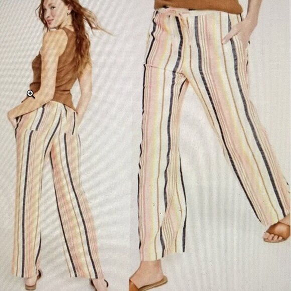 Old Navy Pull On Pants Linen Blend Drawstring Stripes Wide leg High Rise - Picture 1 of 10